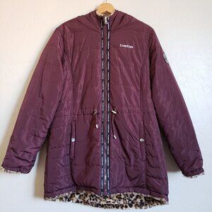 Bebe Reversible Leopard Faux Fur Hooded Puffer Jacket Cinch Waist Maroon Size L